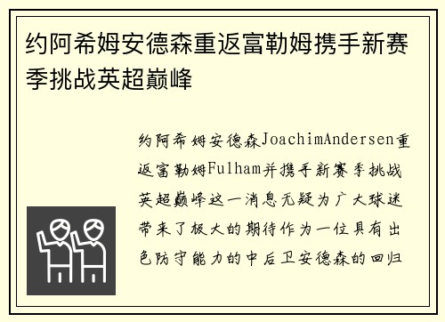 约阿希姆安德森重返富勒姆携手新赛季挑战英超巅峰
